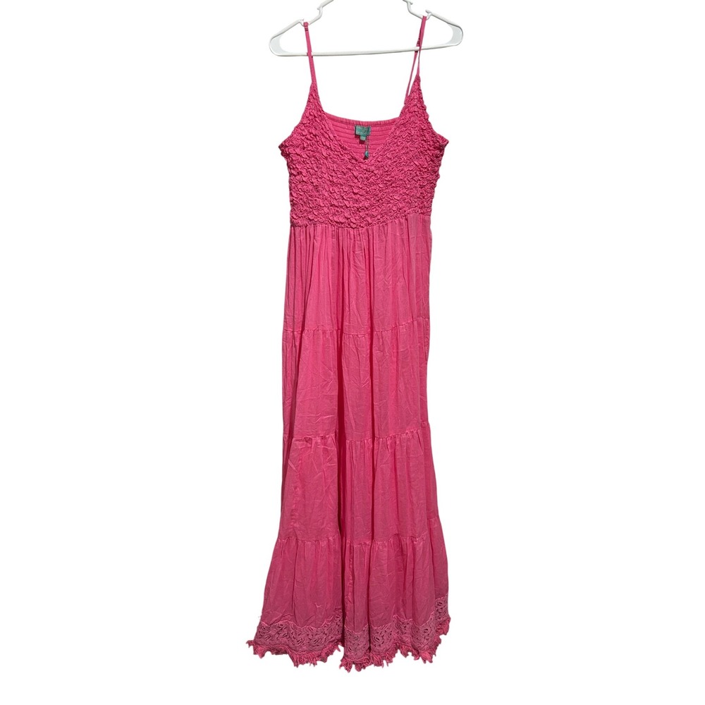 Antica Sartoria Maxi‎ Dress Womens OS Pink Tiered Smocked Cotton Boho Resortwear